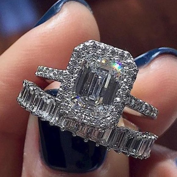 Jewelry - Engagement Radiant CZ Micro Pave Silver Plated Wedding Ring Set, L538